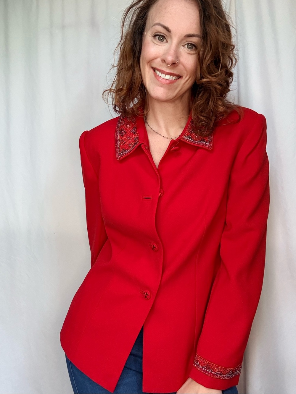 John Meyer Red Embellished Collar Blazer